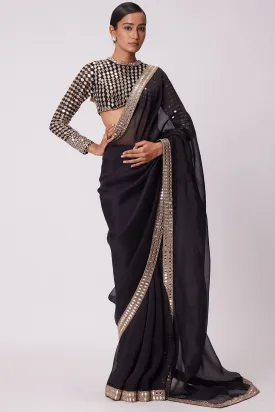 Black Hand Embroidered Organza Saree Set