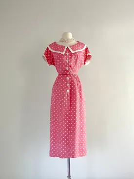 1950's Pink Polka Dot Wiggle Dress / Waist 28”