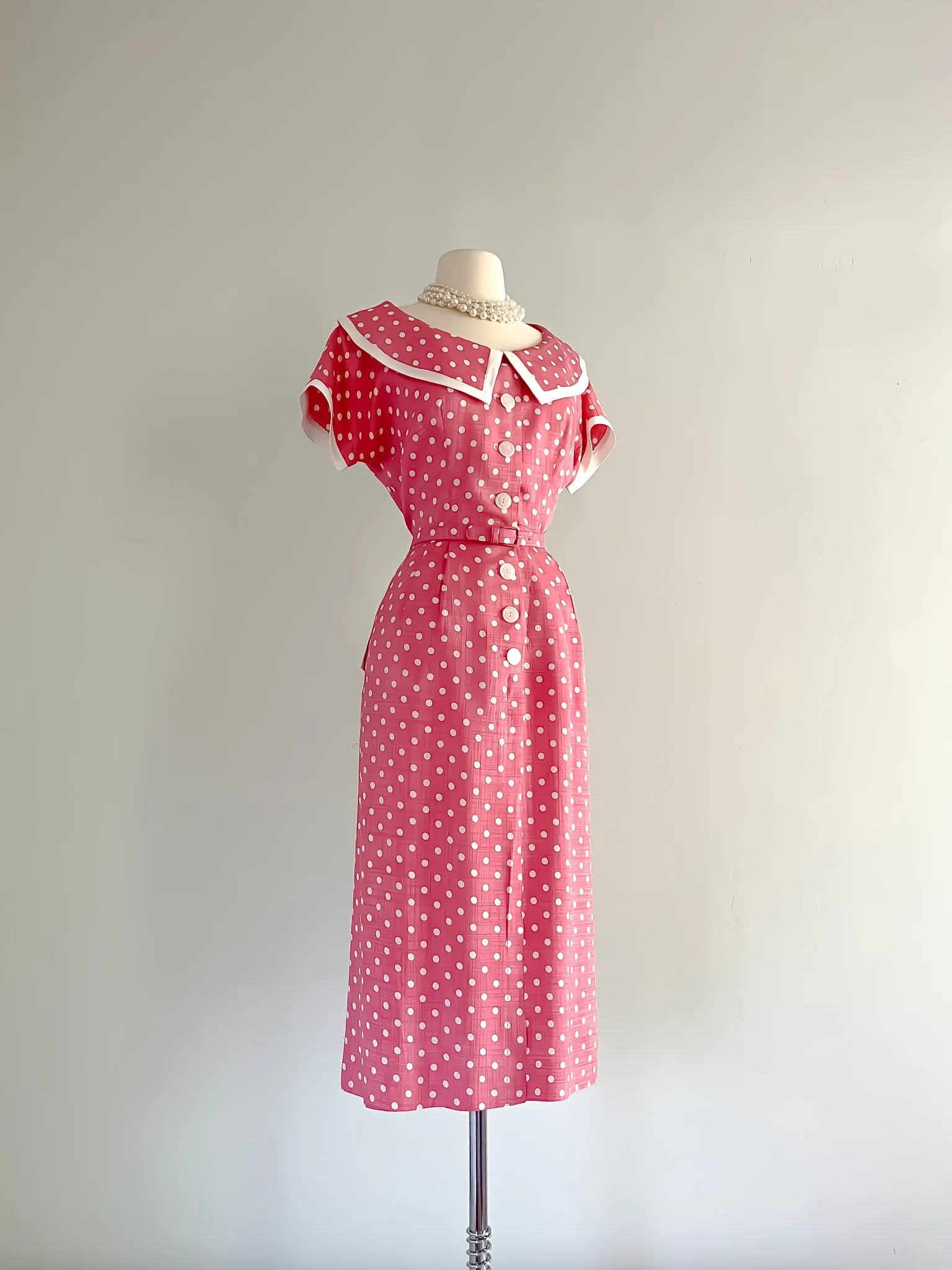 1950's Pink Polka Dot Wiggle Dress / Waist 28”