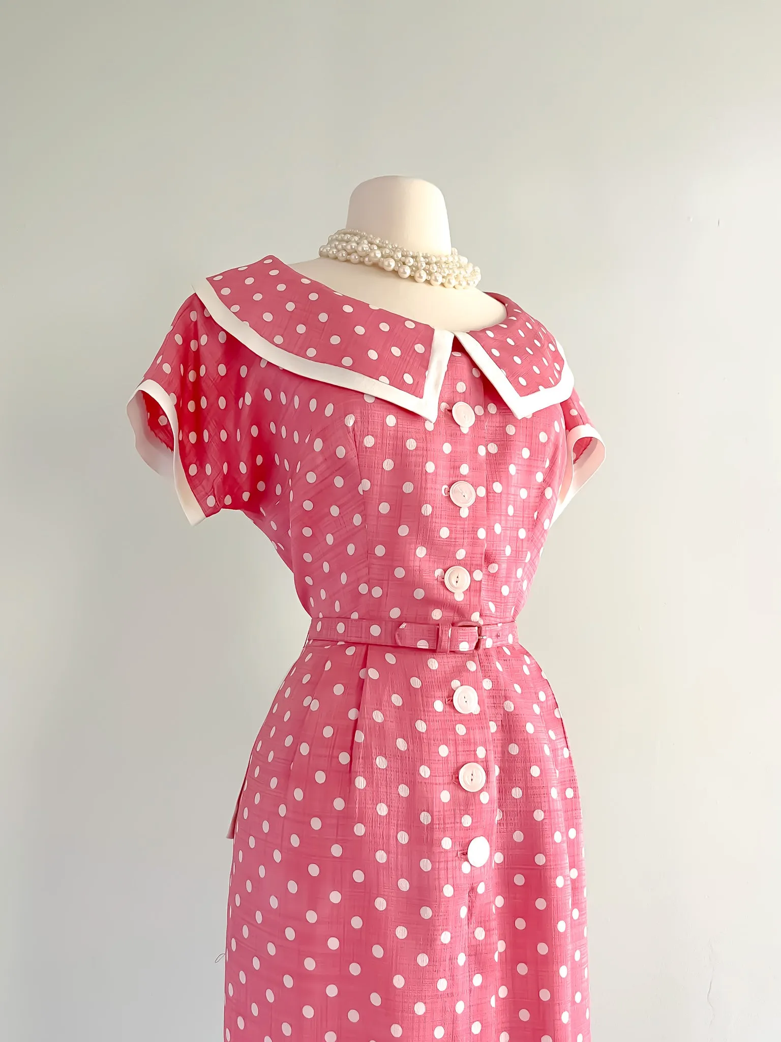 1950's Pink Polka Dot Wiggle Dress / Waist 28”