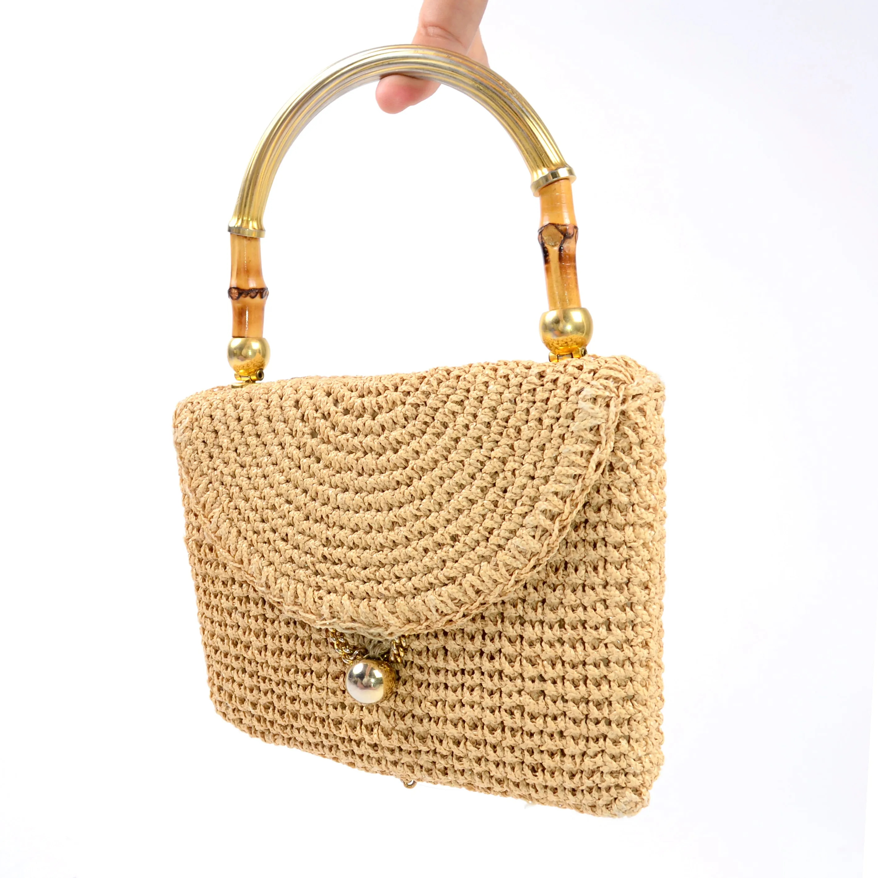 1960s Koret Double Sided Woven Jute Handbag w/ Bamboo Top Handle