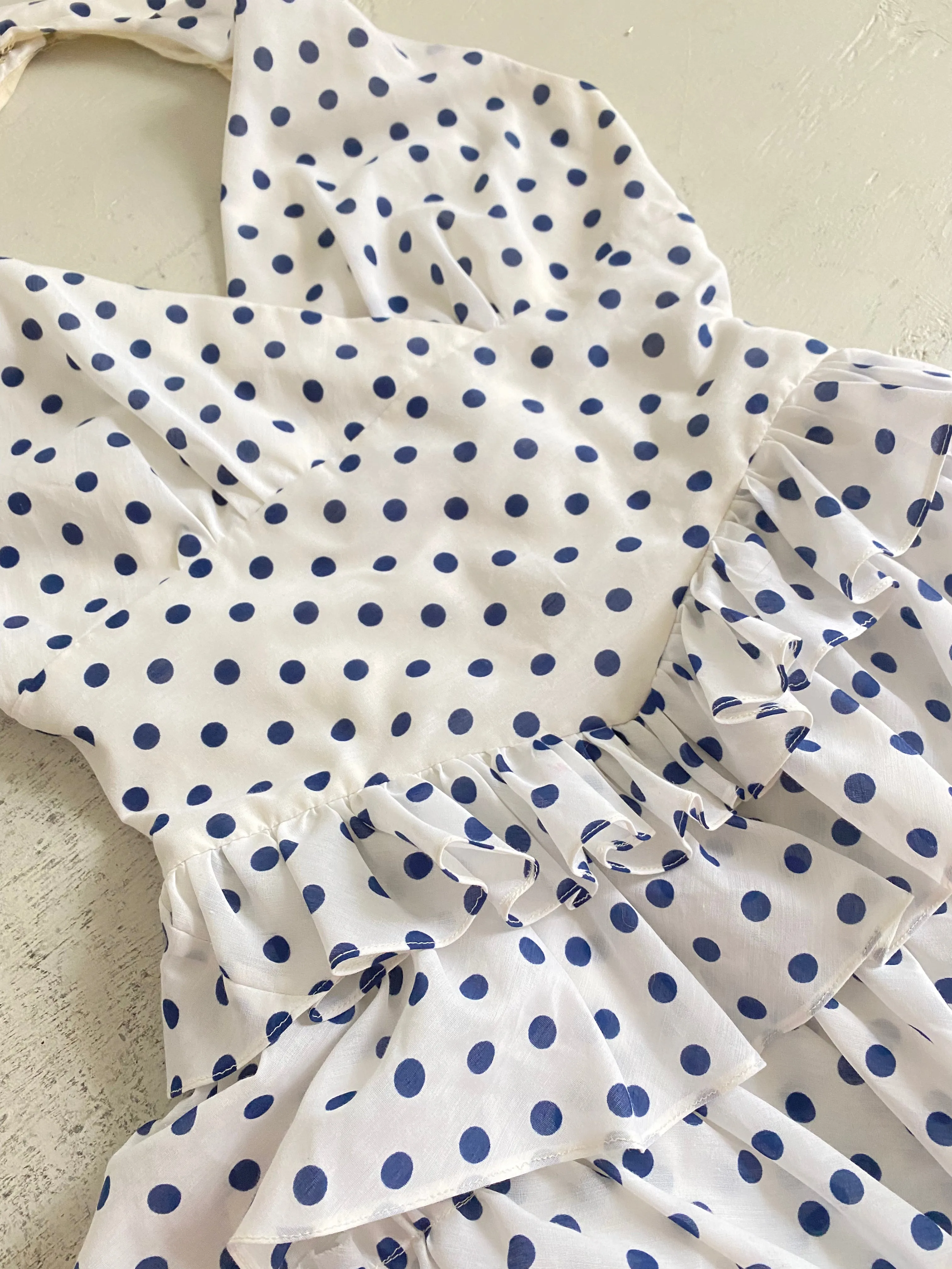 1970's Navy Blue and White Cotton Polka Dot Party Dress / Sz S