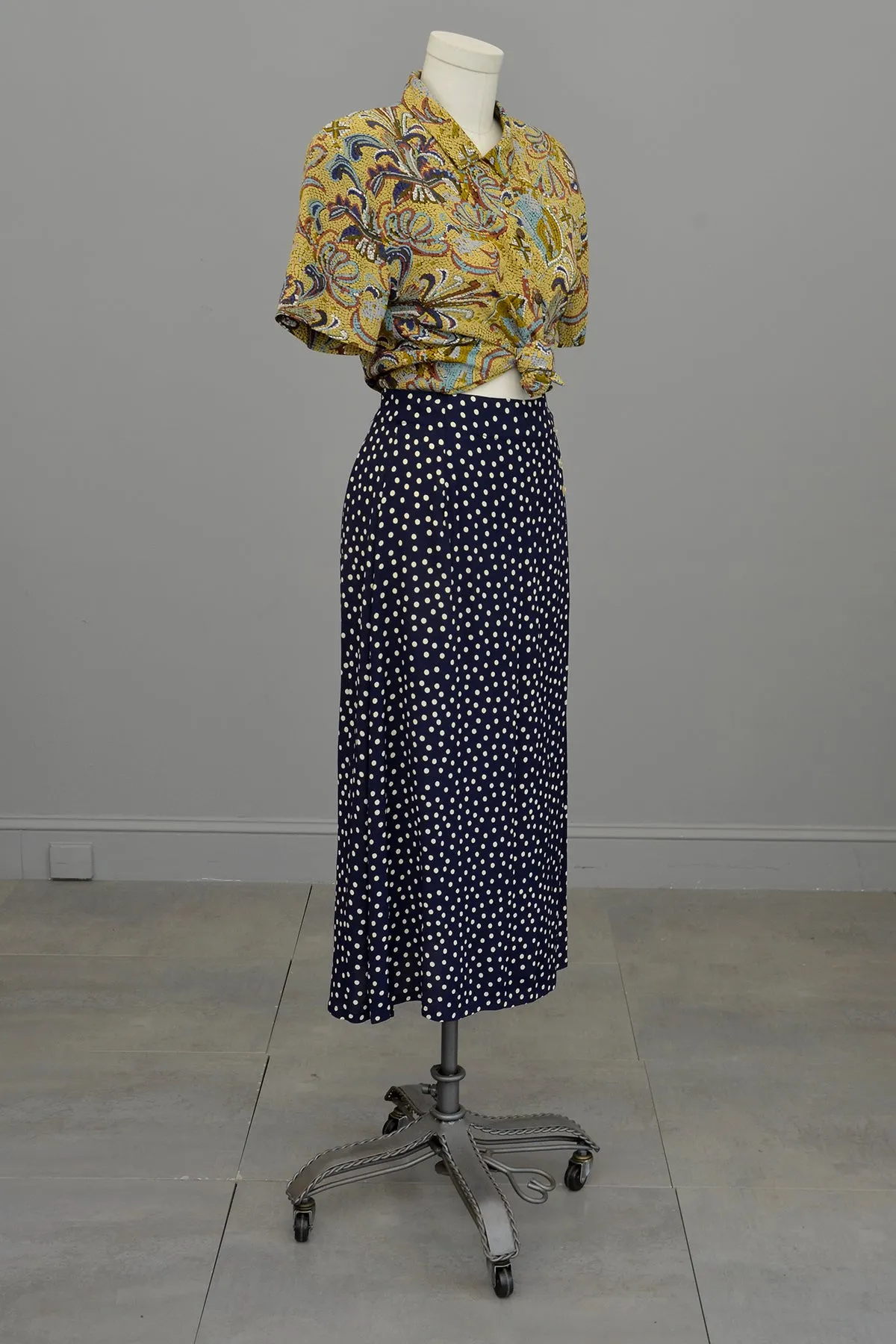 1990s Navy Blue White Polka Dot Rayon Wrap Skirt Vintage Inspired by Anthropologie