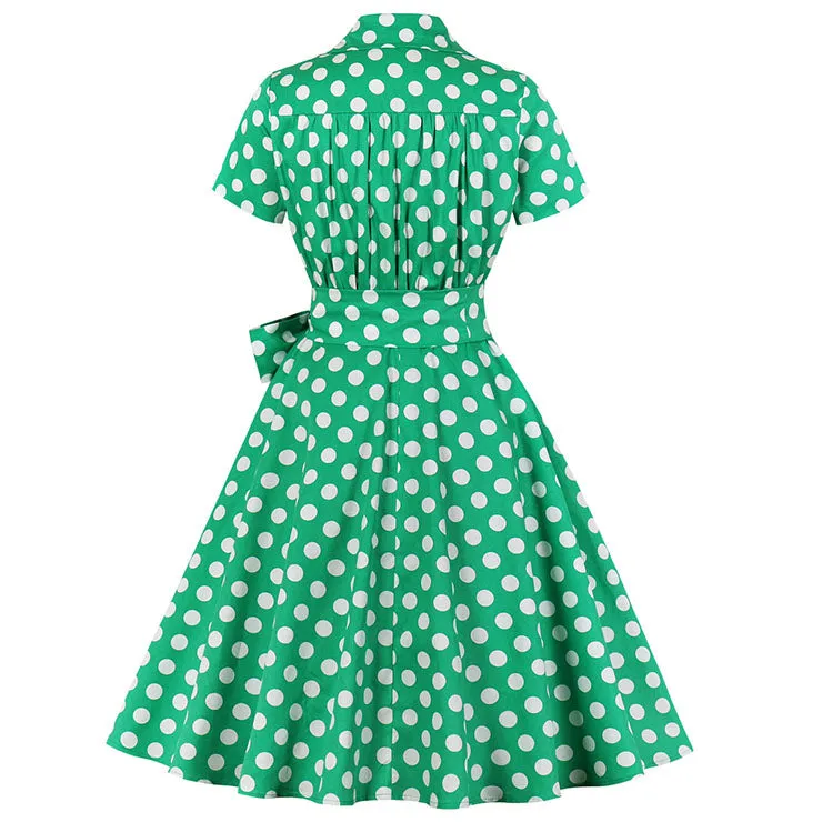 50's Green Polka Dot Belted Swing Dress