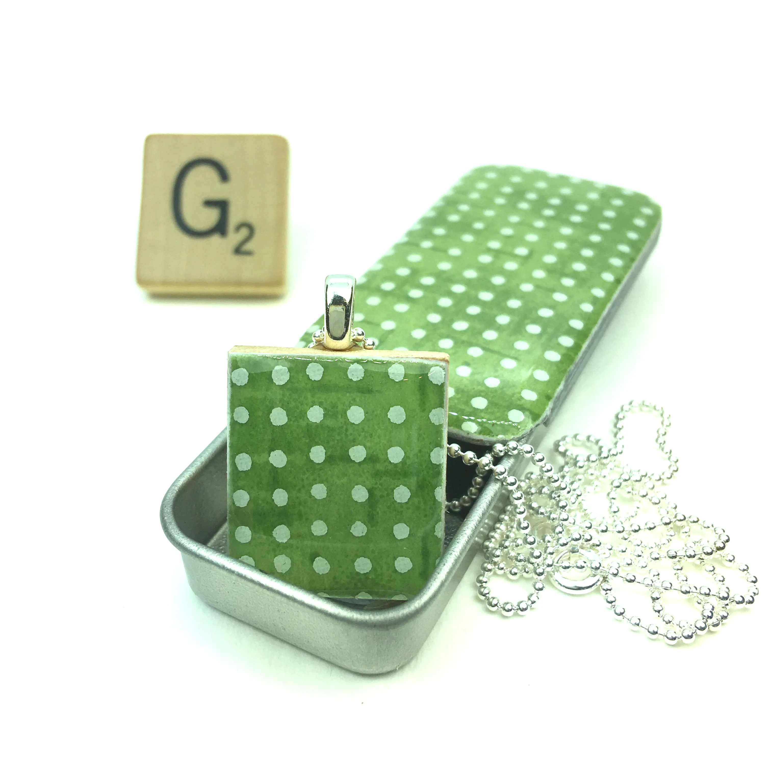 A Scrabble Tile Pendant and Teeny Tiny Tin Sea Glass -  Green