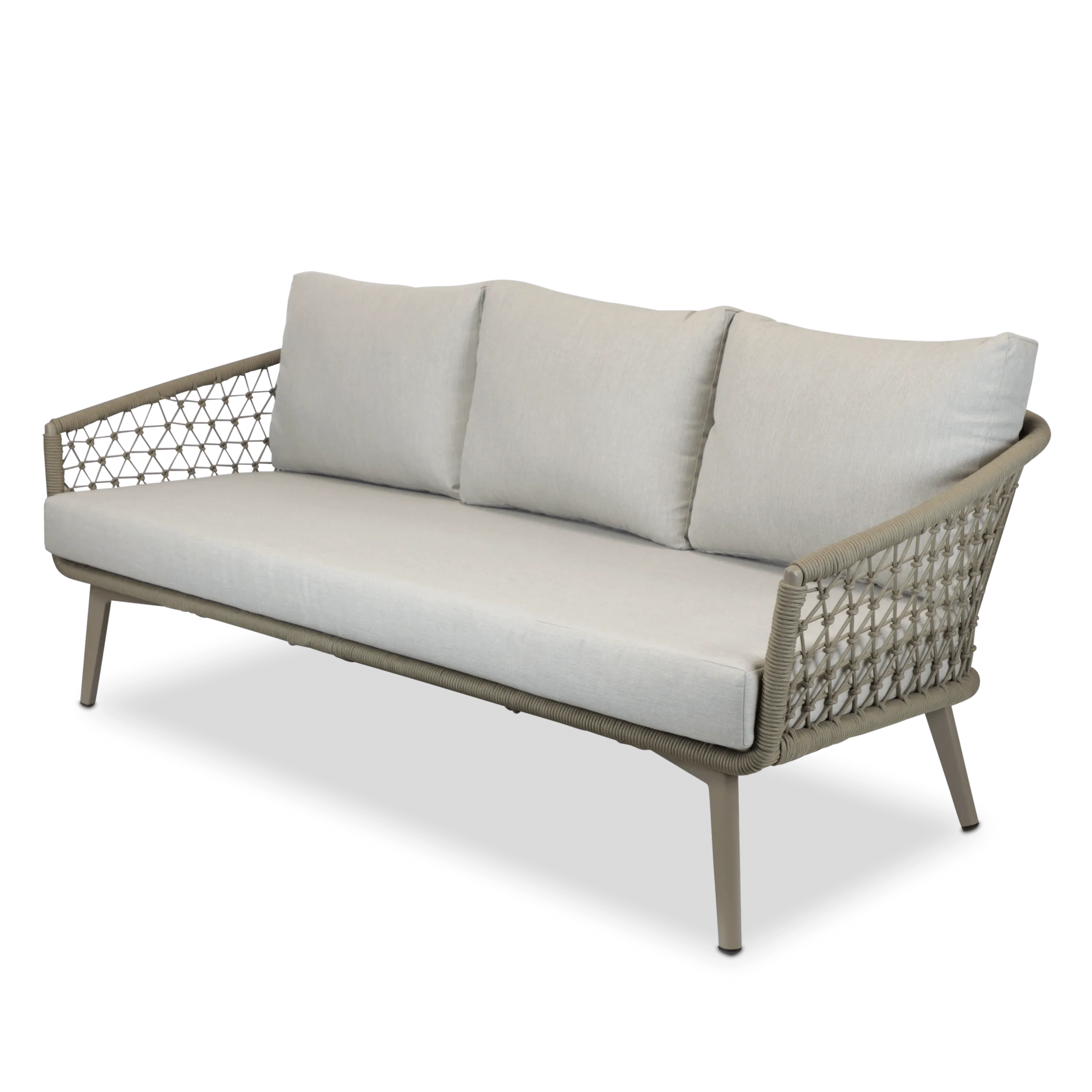 Antigua Outdoor 3 Seater, 2 x Armchairs, Coffee Table in Taupe Aluminium and Rope