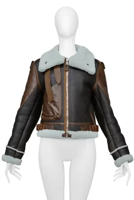 BALENCIAGA BROWN LEATHER & MINT SHEARLING "PALMA" JACKET 2003