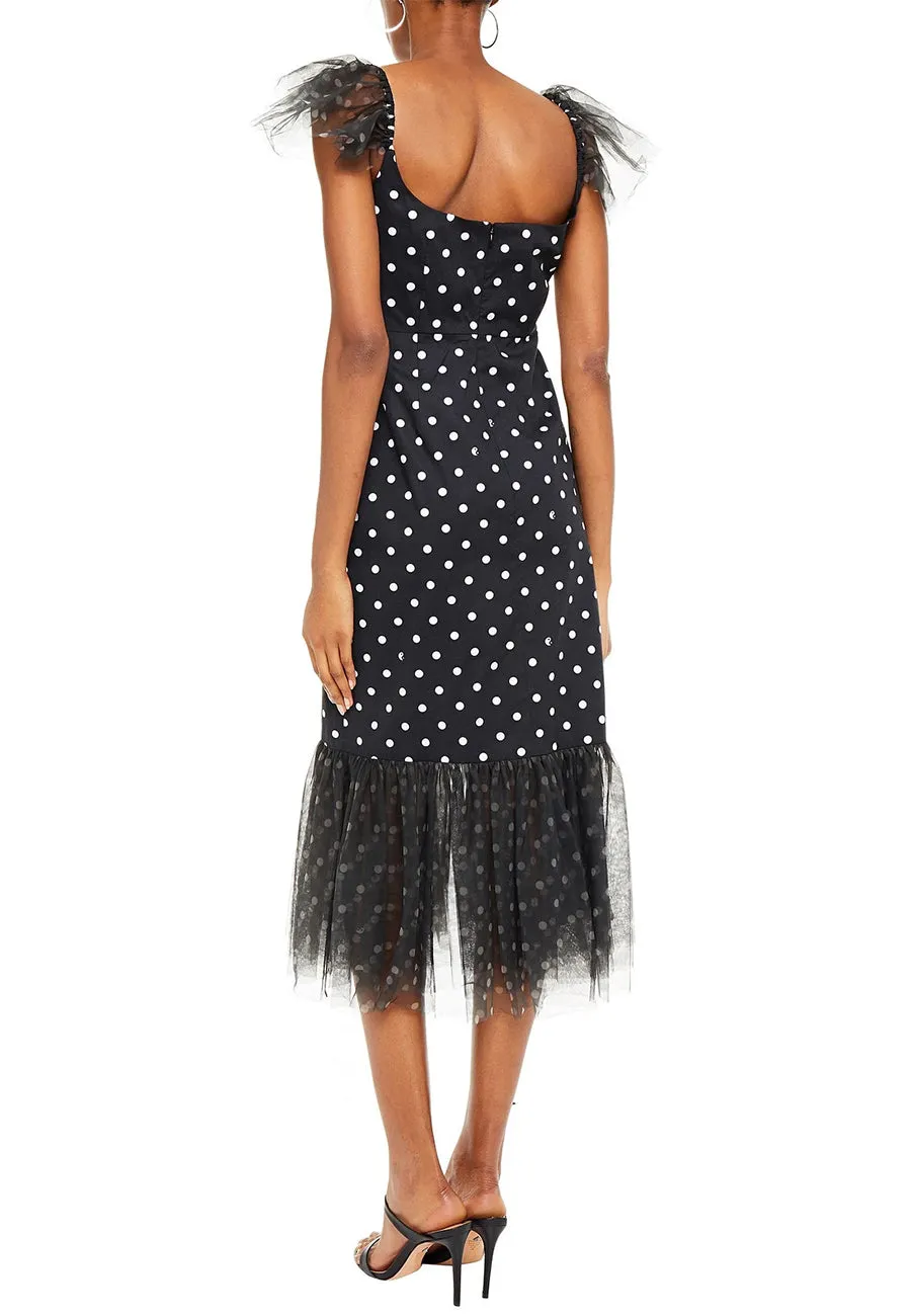 Black Marwa Ruffled Polka Dot Tulle Midi Dress