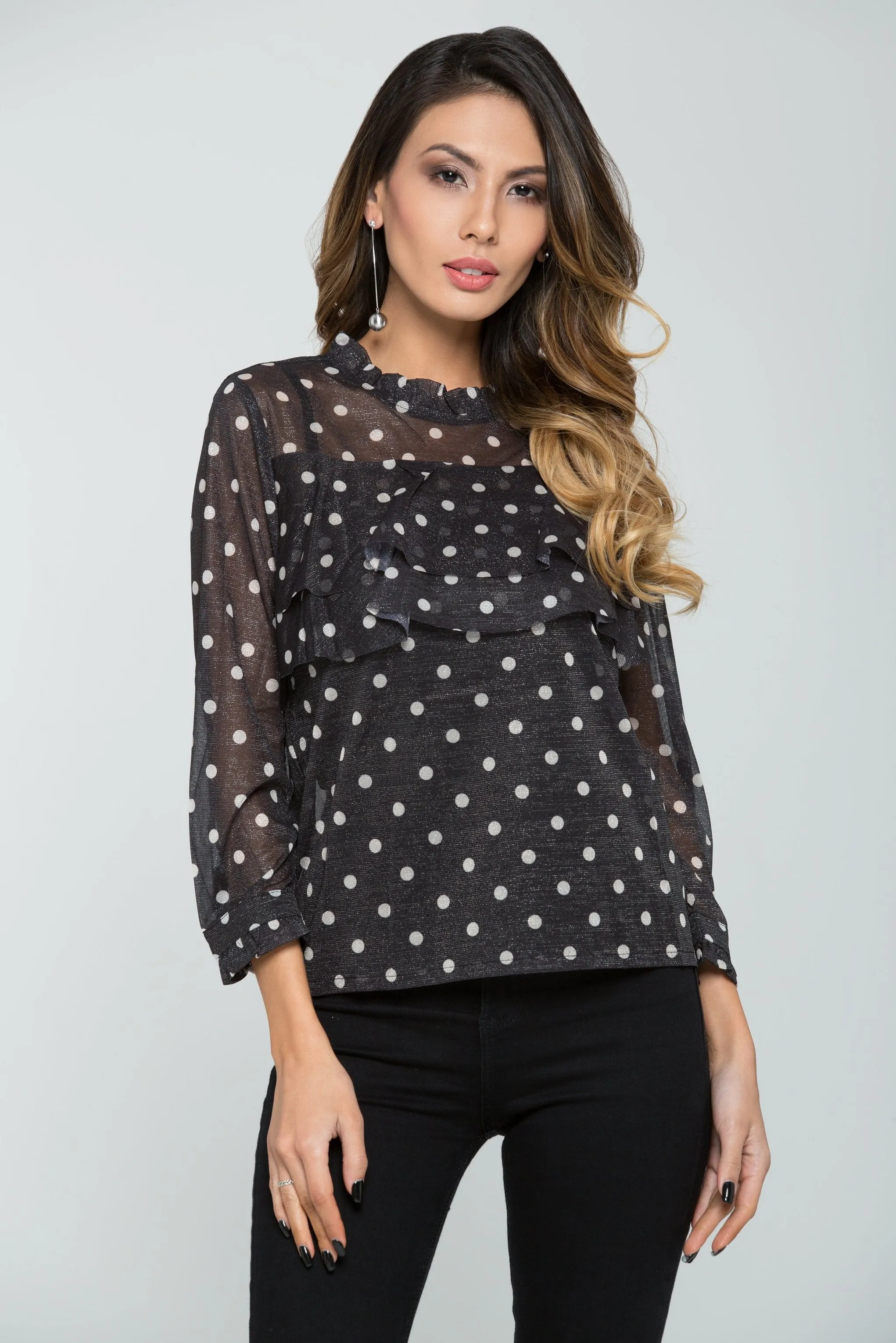 Black Shimmer Polka dots Sheer Top