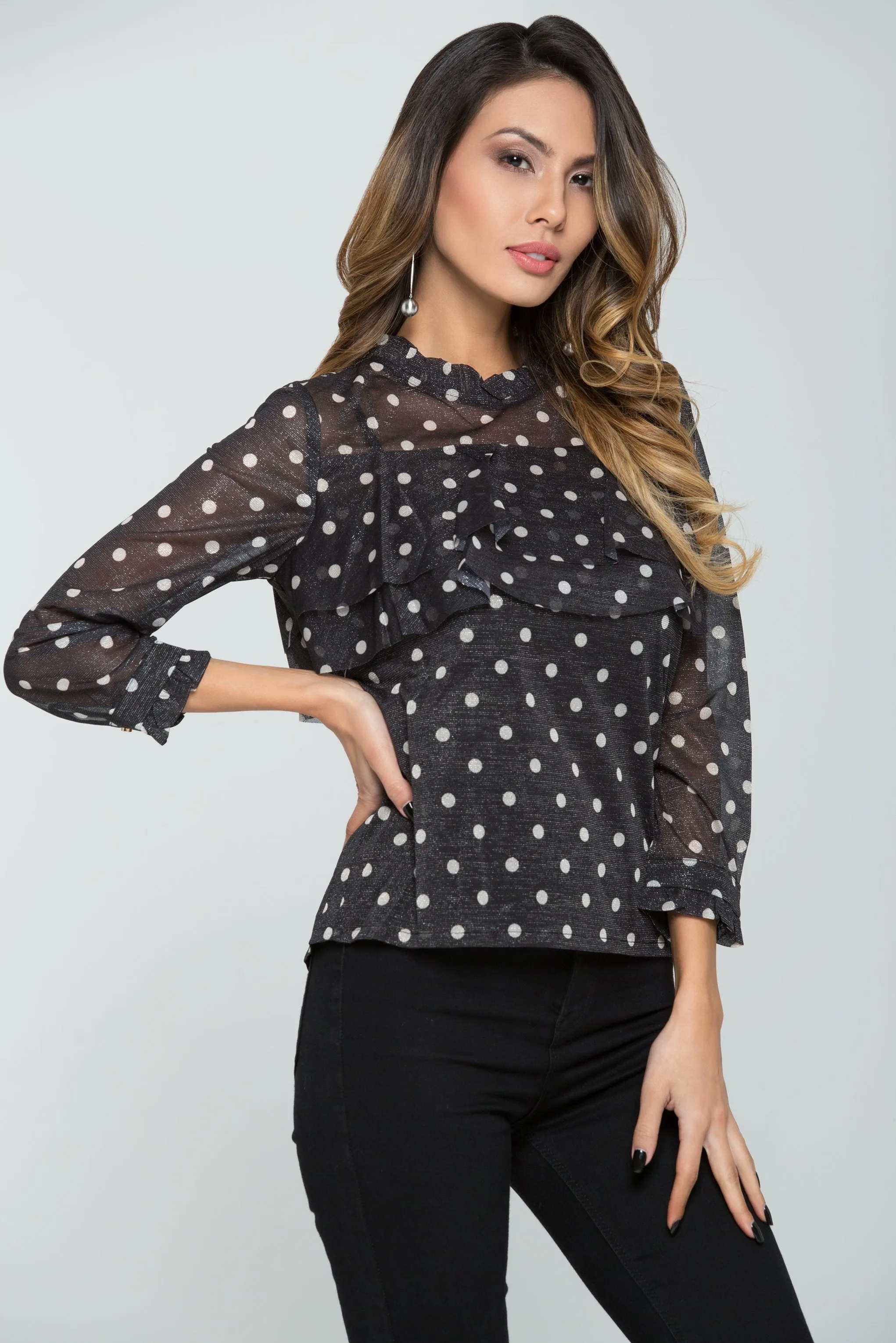 Black Shimmer Polka dots Sheer Top