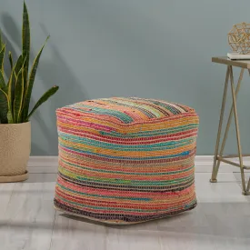 Multicolored Boho Chindi and Jute Pouf - Handcrafted Round Ottoman