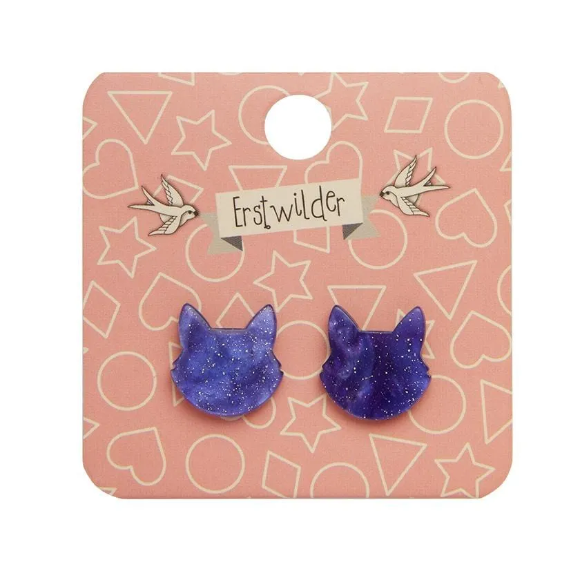 Cat Head Ripple Glitter Resin Stud Earrings - Purple