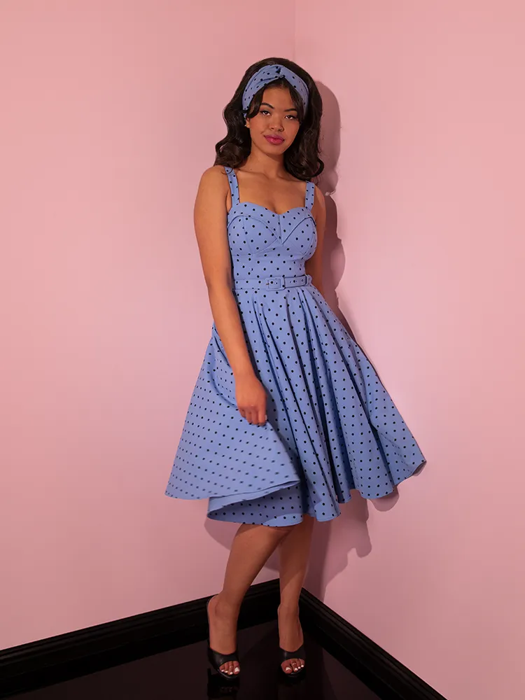 COMING BACK SOON - Maneater Swing Dress in Sunset Blue Polka Dot - Vixen by Micheline Pitt