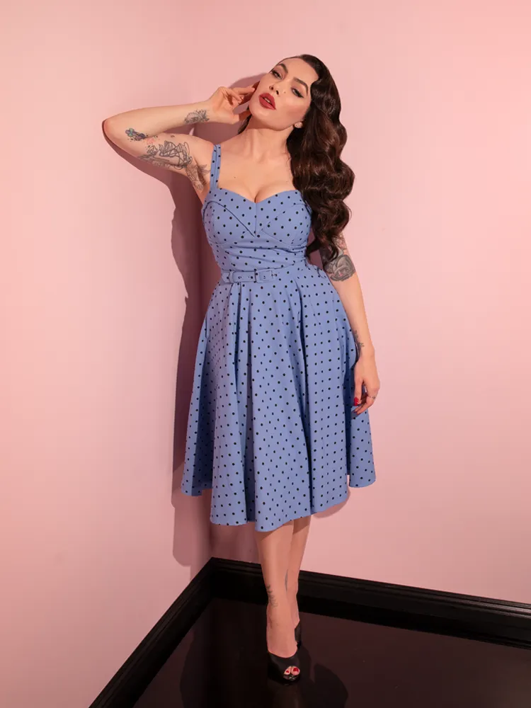 COMING BACK SOON - Maneater Swing Dress in Sunset Blue Polka Dot - Vixen by Micheline Pitt