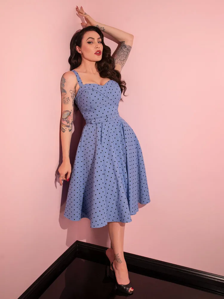 COMING BACK SOON - Maneater Swing Dress in Sunset Blue Polka Dot - Vixen by Micheline Pitt