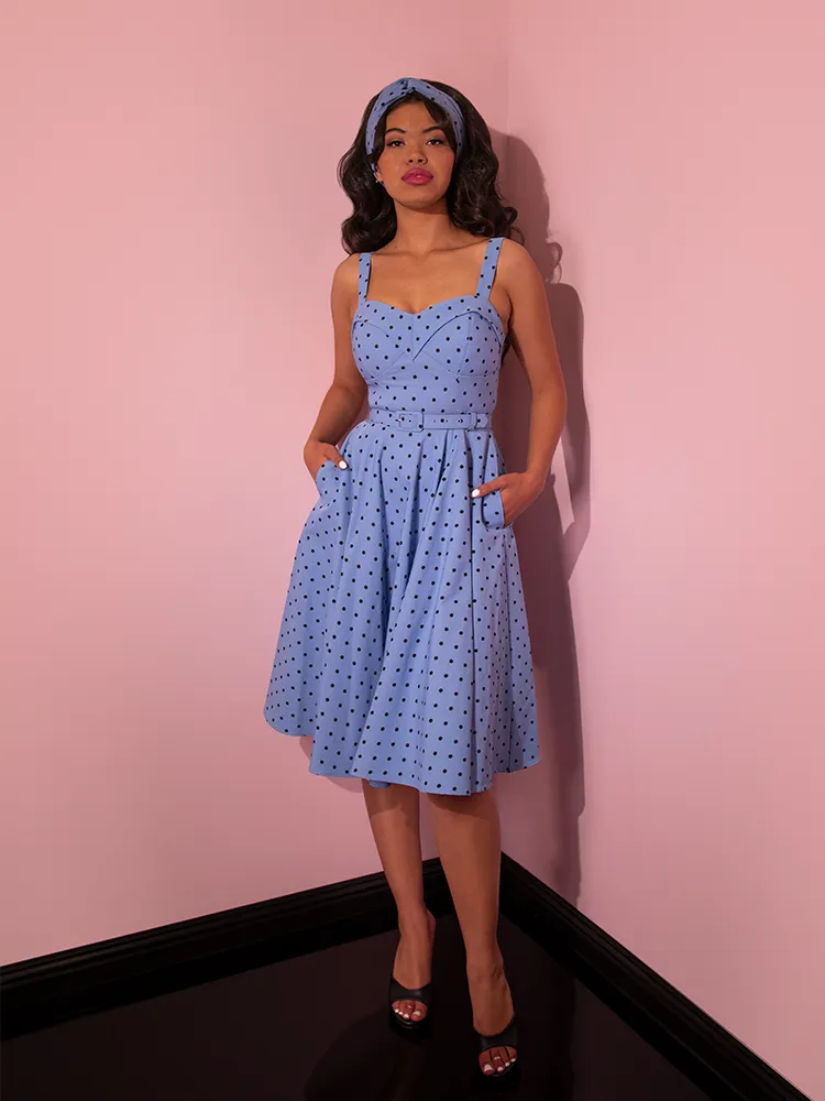 COMING BACK SOON - Maneater Swing Dress in Sunset Blue Polka Dot - Vixen by Micheline Pitt