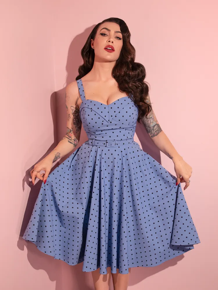 COMING BACK SOON - Maneater Swing Dress in Sunset Blue Polka Dot - Vixen by Micheline Pitt