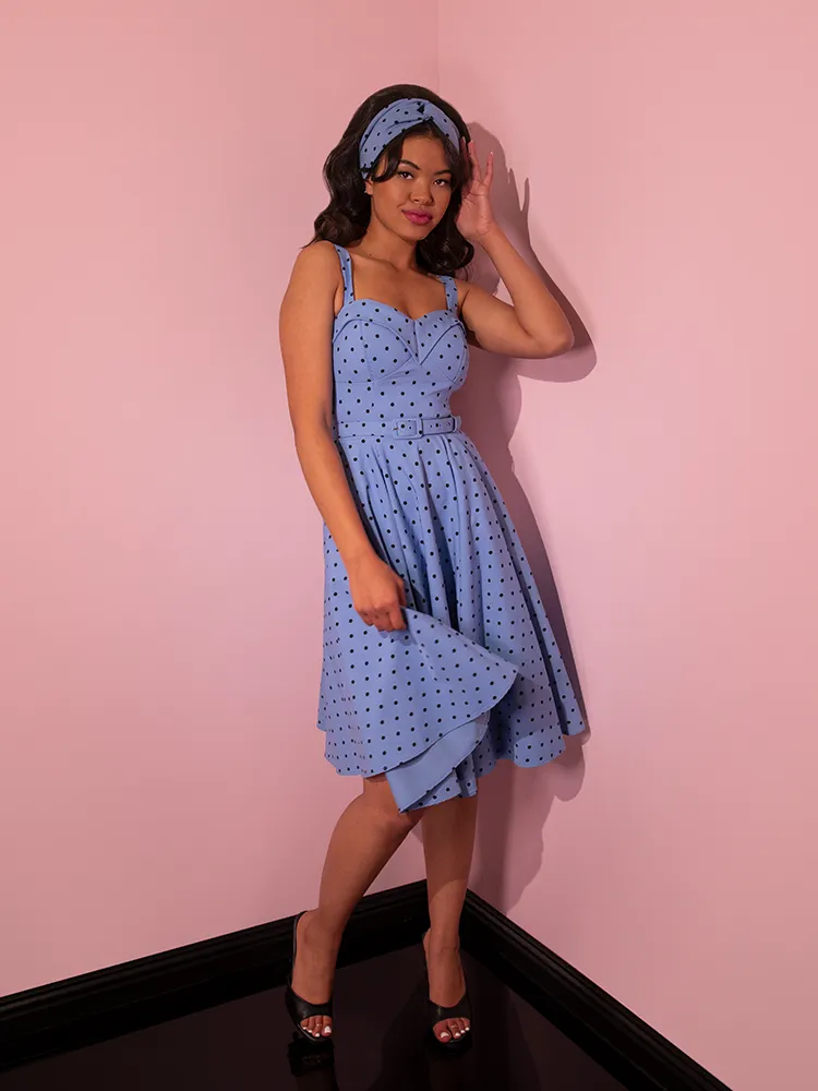 COMING BACK SOON - Maneater Swing Dress in Sunset Blue Polka Dot - Vixen by Micheline Pitt