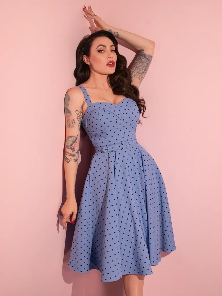 COMING BACK SOON - Maneater Swing Dress in Sunset Blue Polka Dot - Vixen by Micheline Pitt