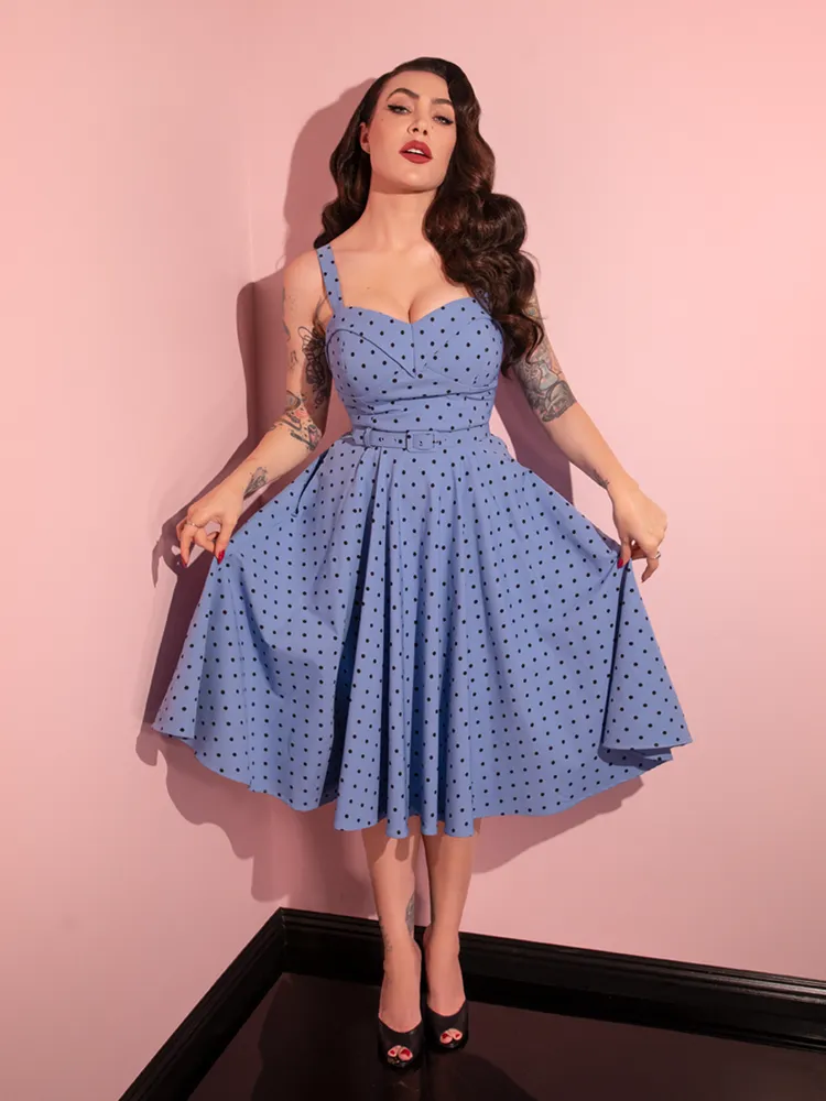 COMING BACK SOON - Maneater Swing Dress in Sunset Blue Polka Dot - Vixen by Micheline Pitt