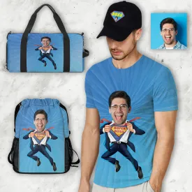 Custom Boss Face Hat Photo Shirt and Personalized Duffel Bag for Company for Team Building for Business