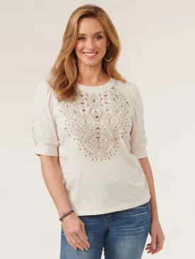 Elbow Puff Sleeve Scoopneck Die Cut Embroidered Knit Top