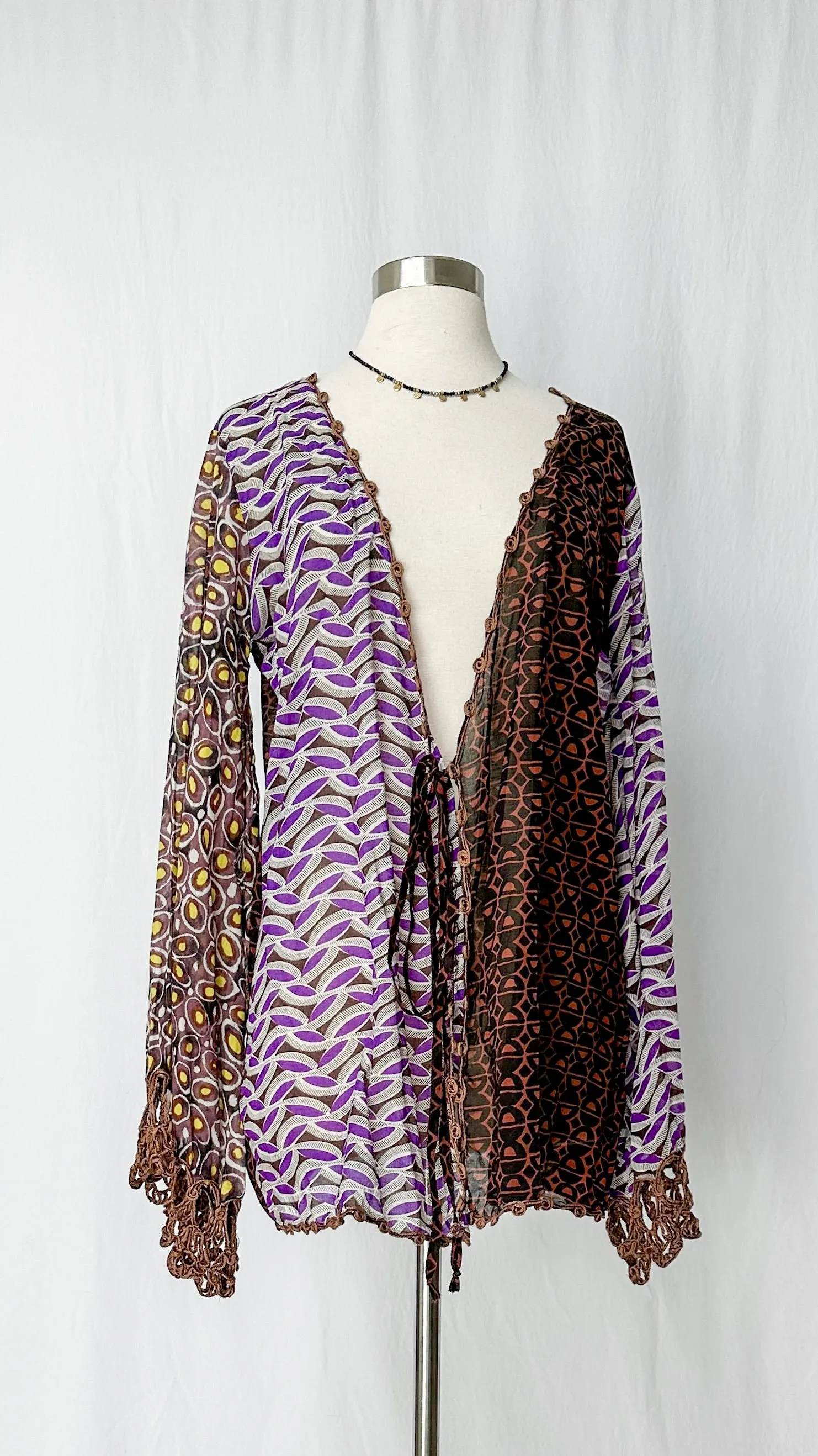 Emamó Purple & Brown Crochet Trim Tie Front Cover-Up Top (S)