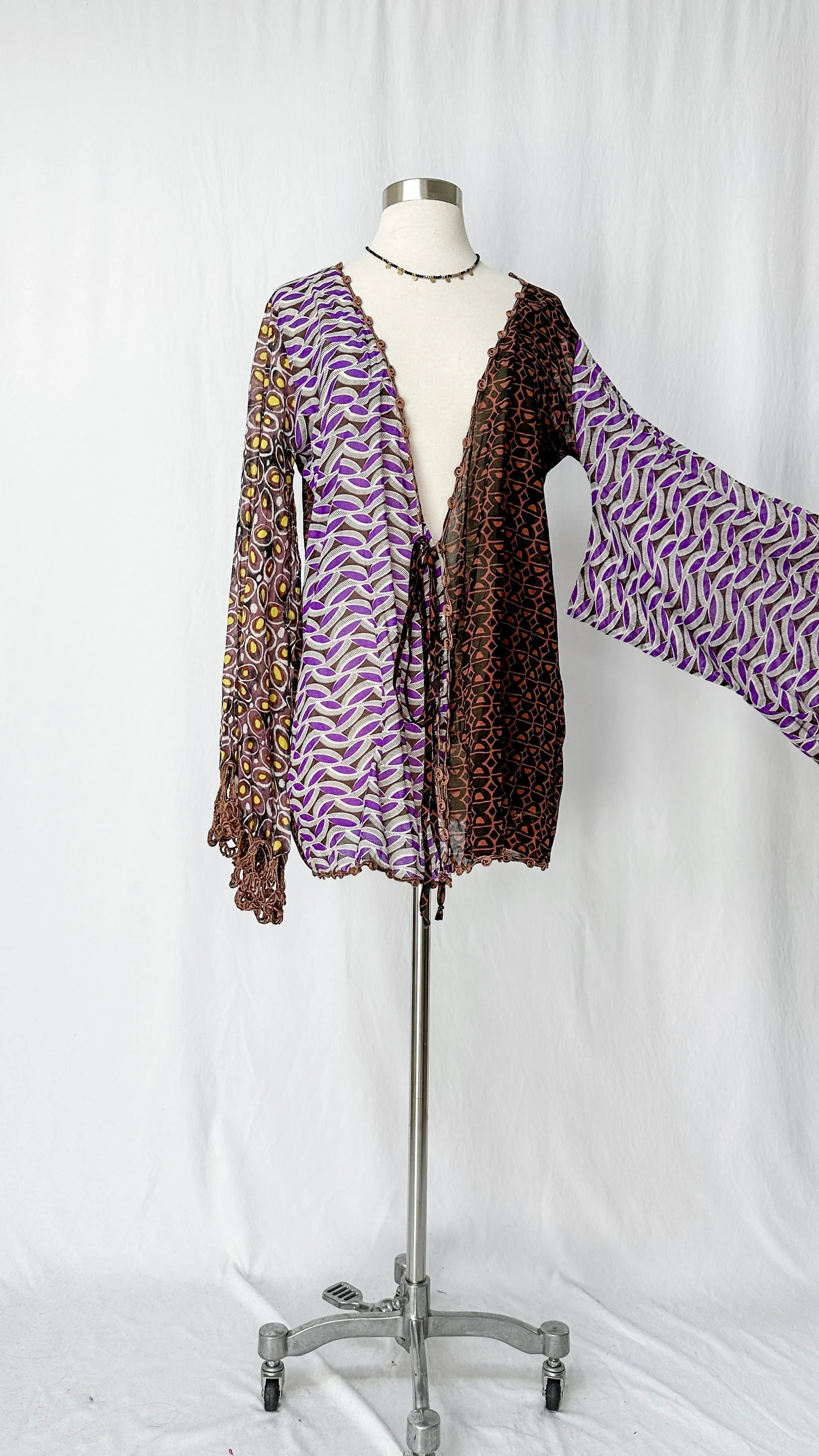 Emamó Purple & Brown Crochet Trim Tie Front Cover-Up Top (S)