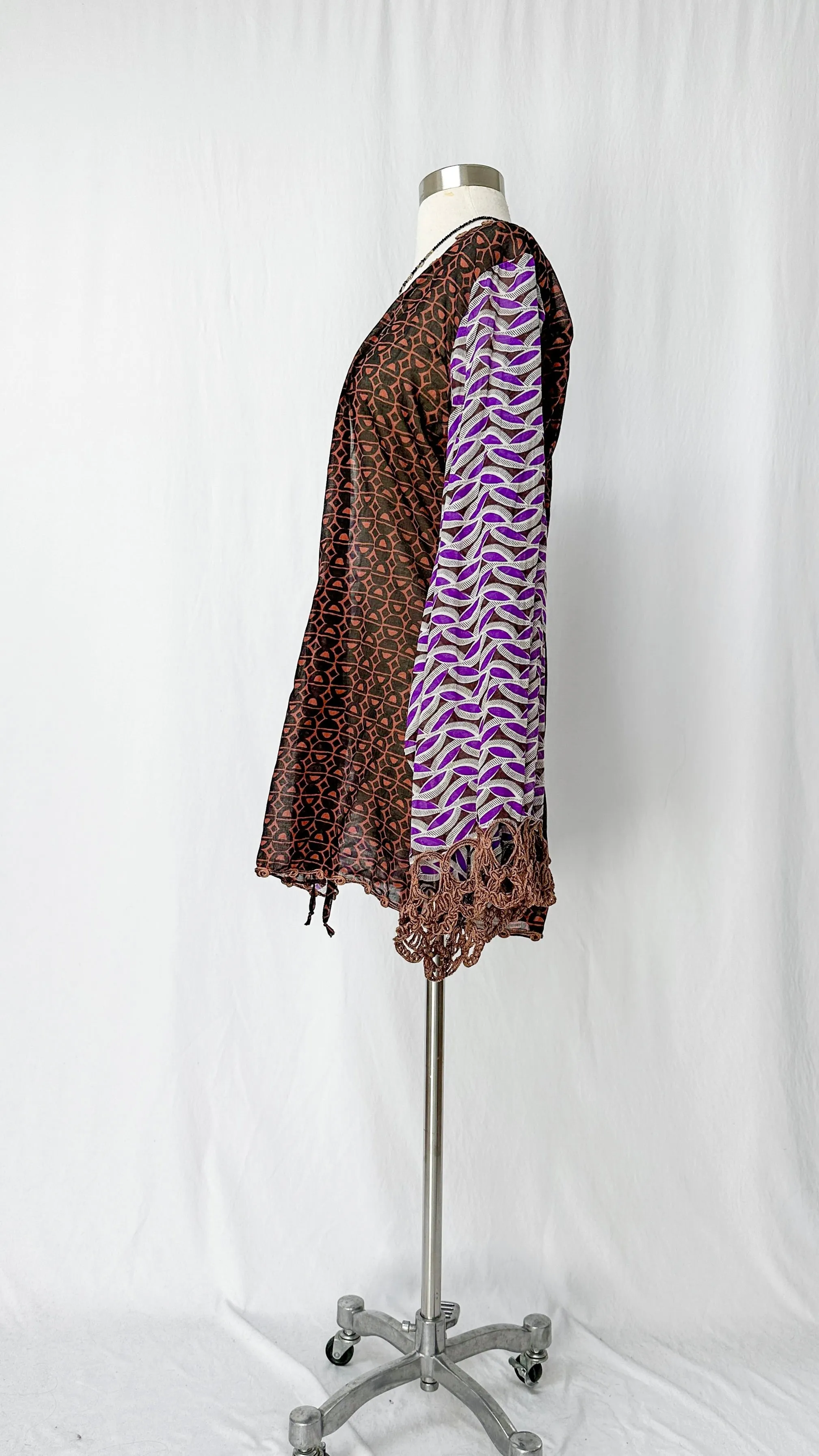 Emamó Purple & Brown Crochet Trim Tie Front Cover-Up Top (S)