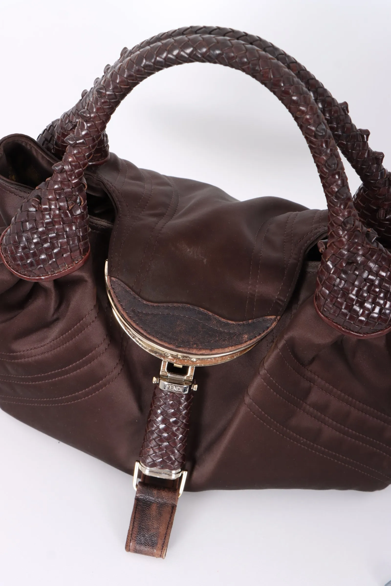 FENDI Spy Elegant Brown Satin and Leather Shoulder Bag