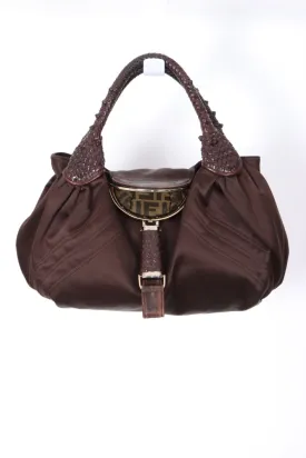 FENDI Spy Elegant Brown Satin and Leather Shoulder Bag