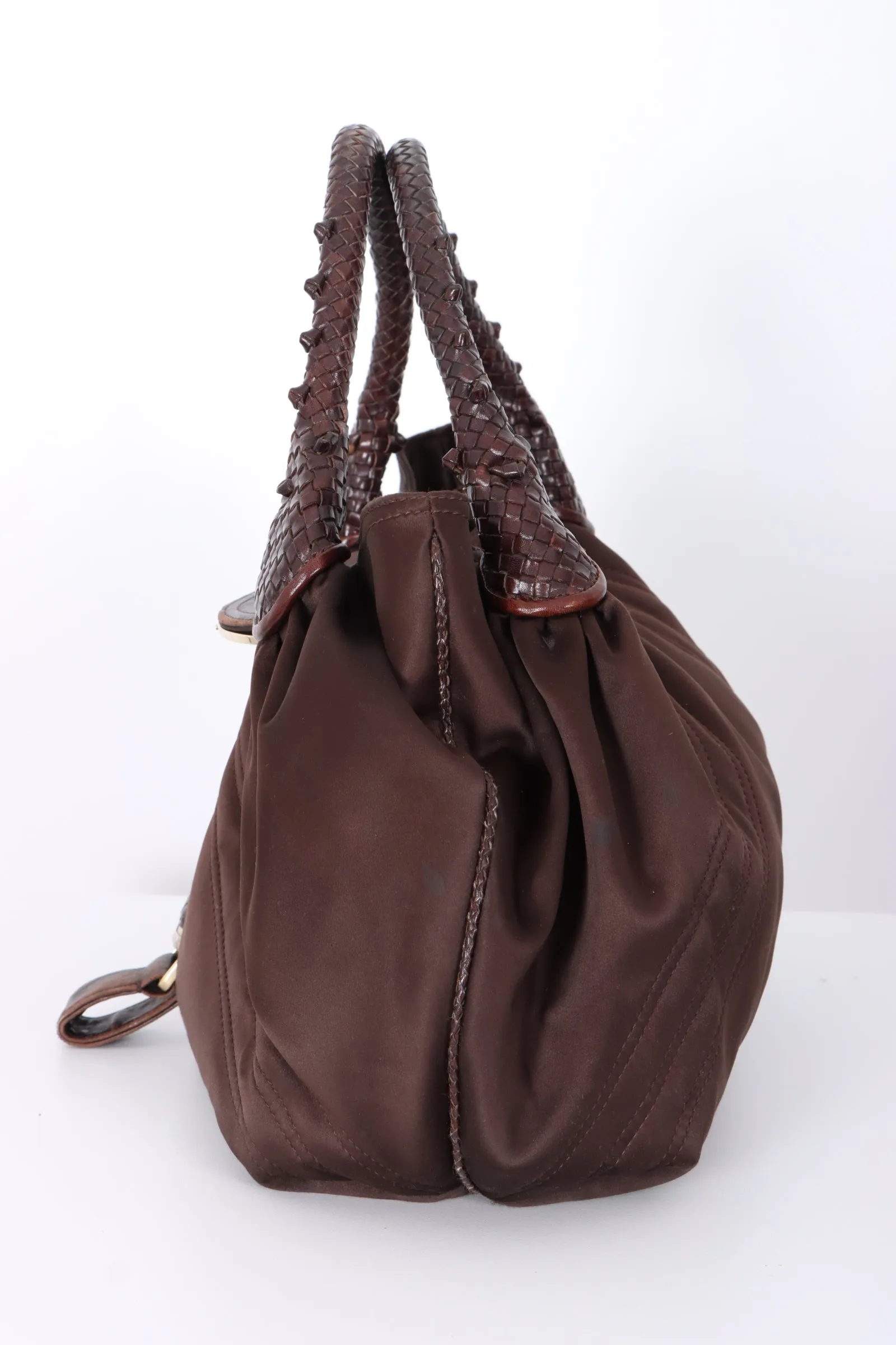 FENDI Spy Elegant Brown Satin and Leather Shoulder Bag