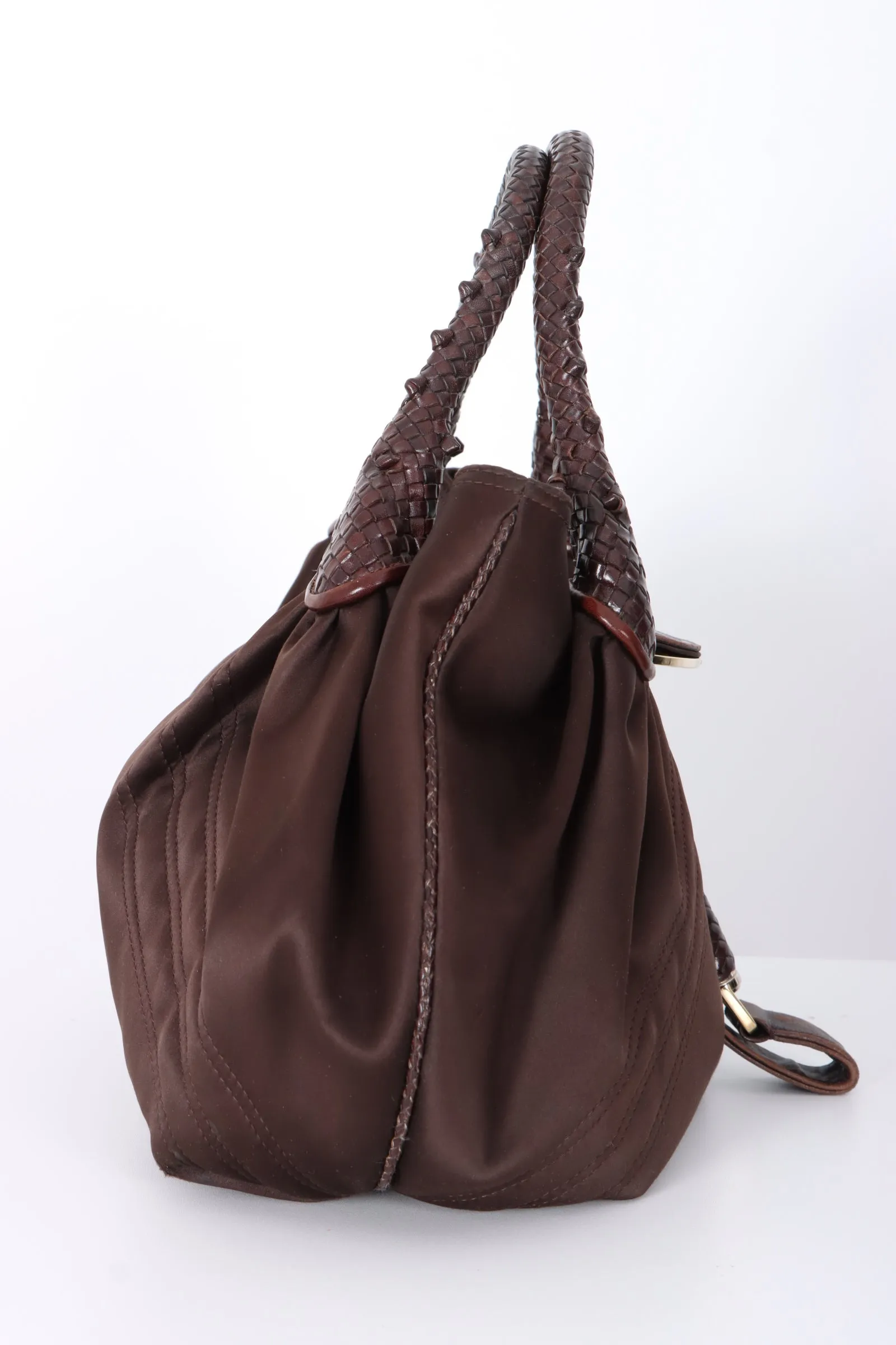 FENDI Spy Elegant Brown Satin and Leather Shoulder Bag