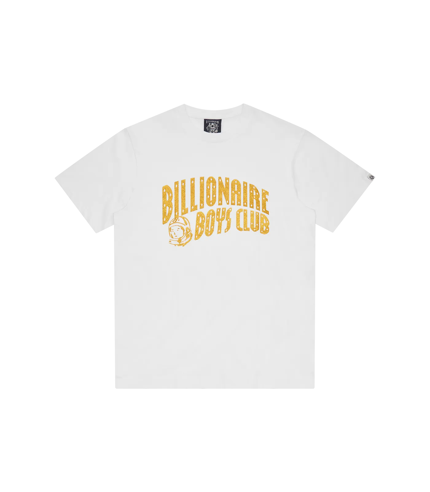 White T-Shirt with Gold Glitter Arch Logo Design