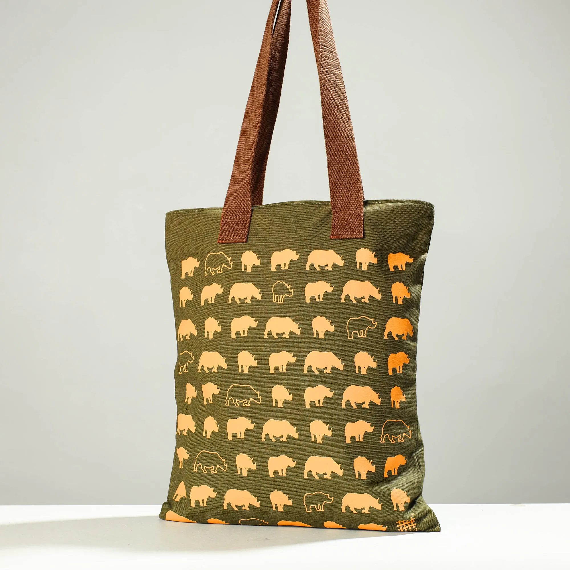 Green -  Assam One-Horned Rhino Cotton Canvas Shoulder Bag