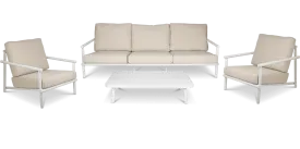 Havana 3 Seater with 2 x Armchair and Coffee Table in Arctic White with Dune Rope Inlay and Olefin Cushions