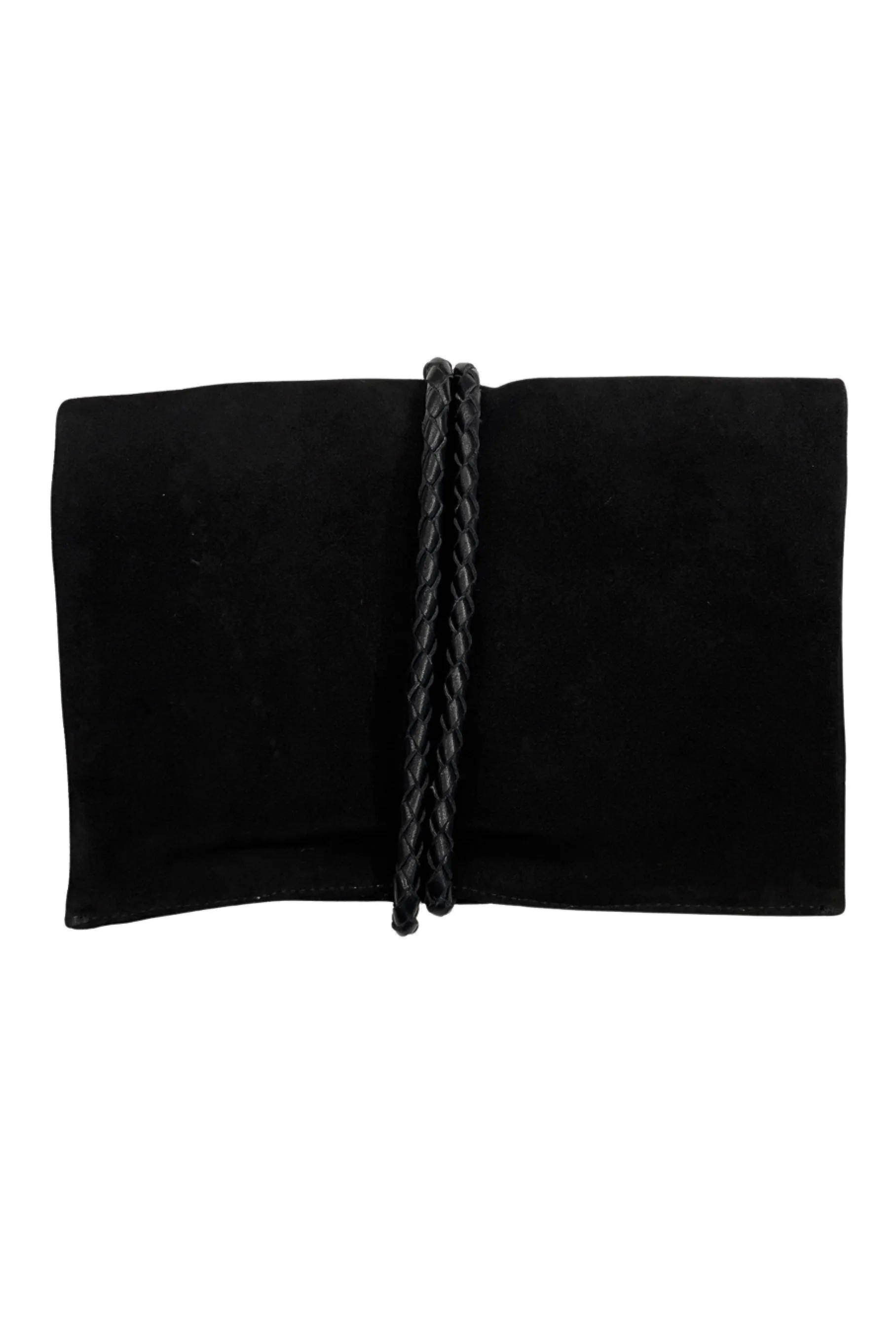 HELMUT LANG BLACK SUEDE FOLD OVER CLUTCH BAG WITH ZIPPER & BRAIDED LEATHER STRAP 2005