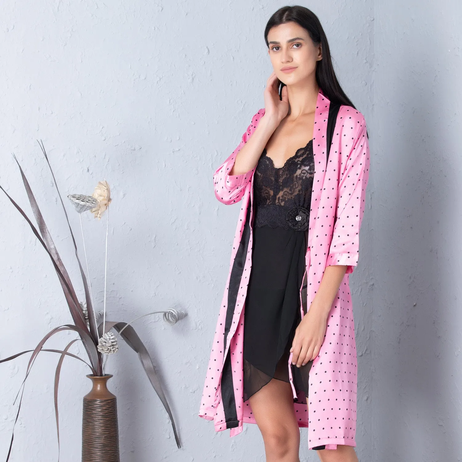 Satin Nighty Nightgown and Polka Dot Robe Set with Modifiers