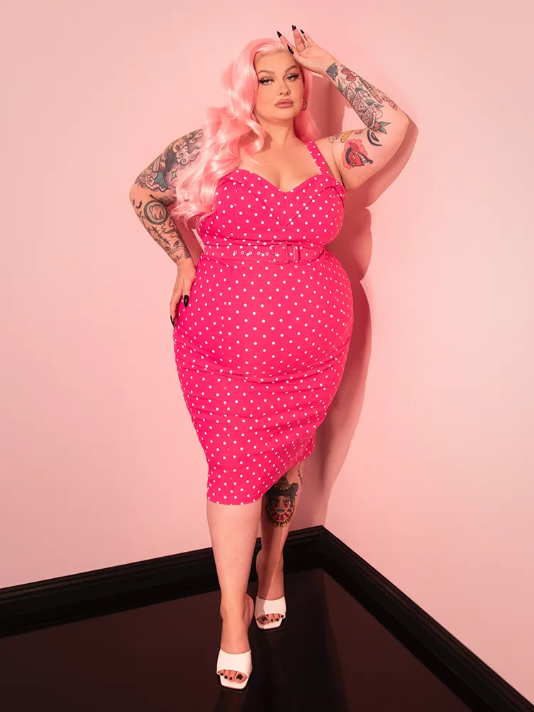 PRE-ORDER - Maneater Wiggle Dress in Hot Pink & White Polka Dot - Vixen by Micheline Pitt