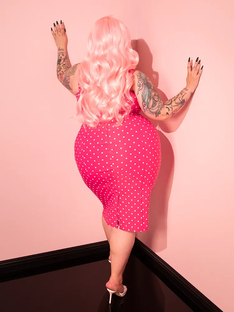 PRE-ORDER - Maneater Wiggle Dress in Hot Pink & White Polka Dot - Vixen by Micheline Pitt