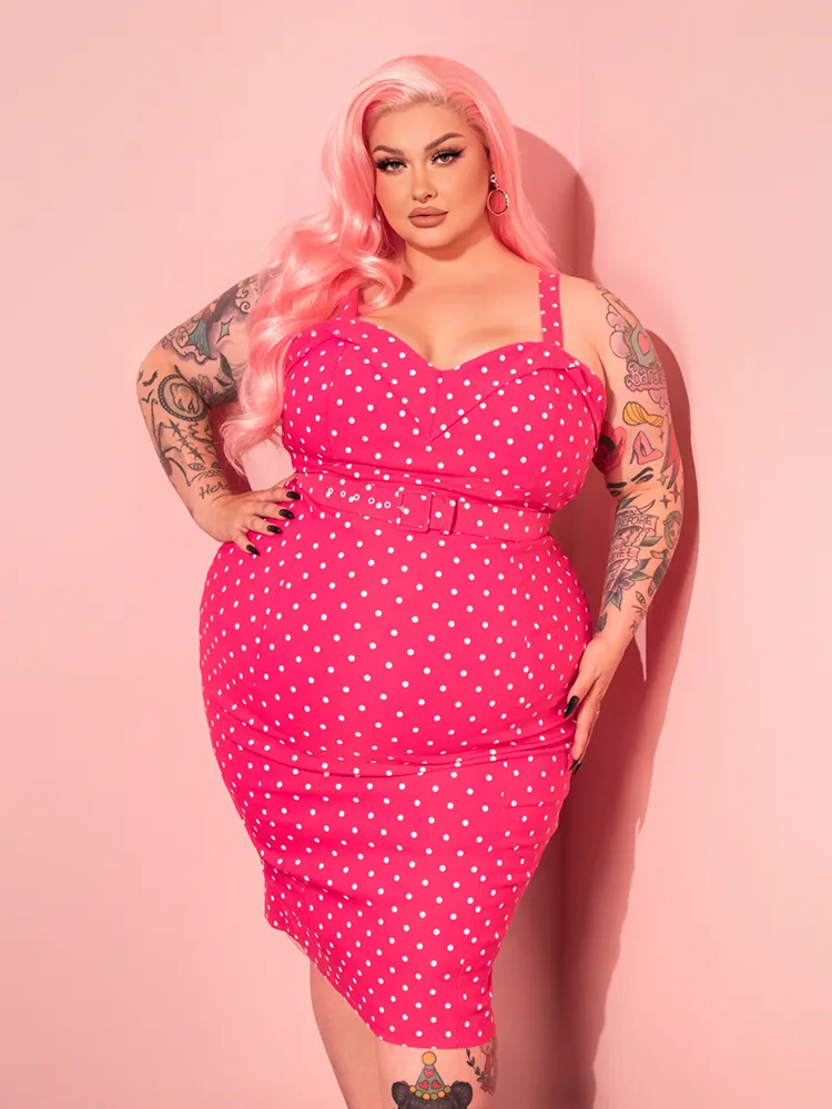 PRE-ORDER - Maneater Wiggle Dress in Hot Pink & White Polka Dot - Vixen by Micheline Pitt