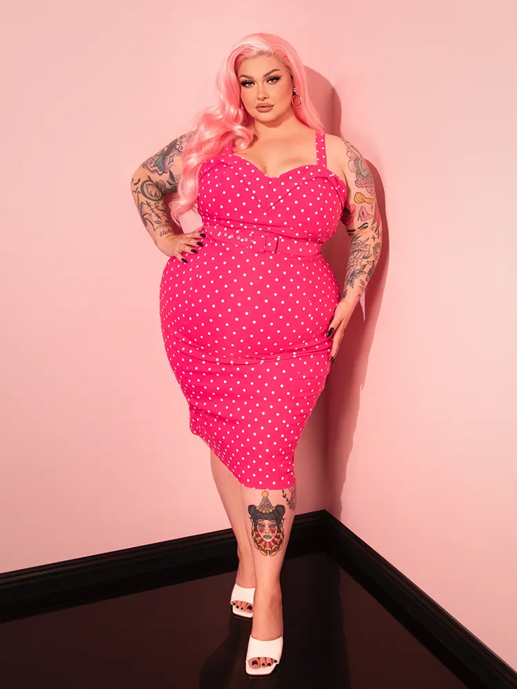 PRE-ORDER - Maneater Wiggle Dress in Hot Pink & White Polka Dot - Vixen by Micheline Pitt