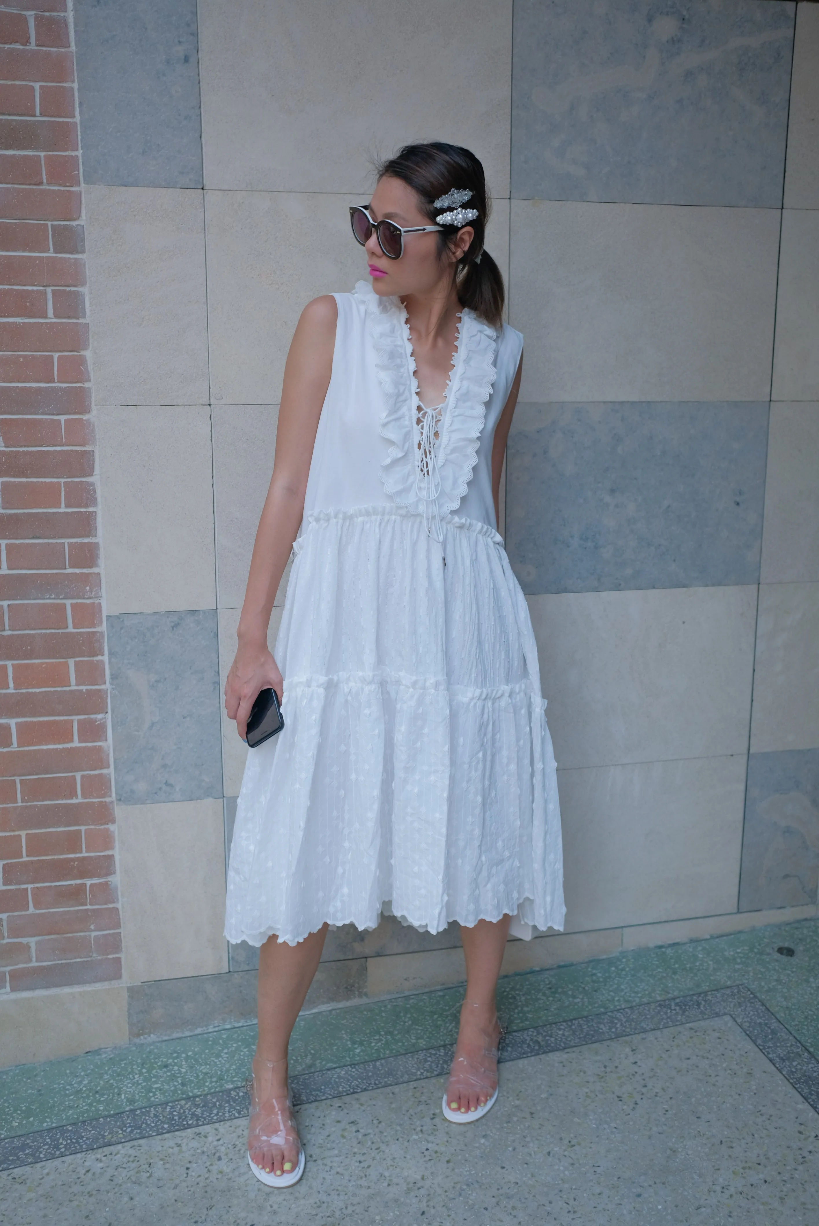 Premium White Lace Up Polka Dot Dress