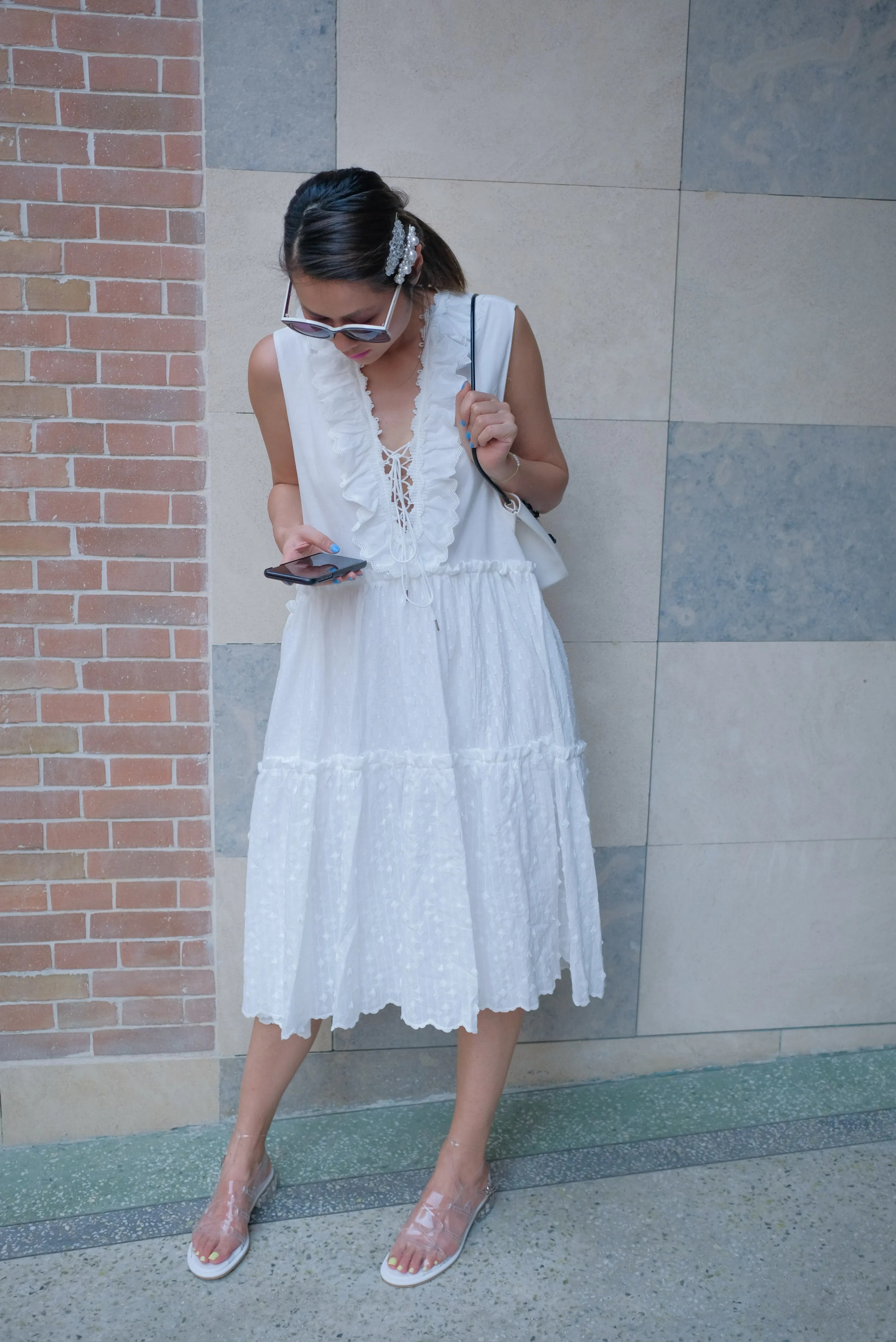 Premium White Lace Up Polka Dot Dress