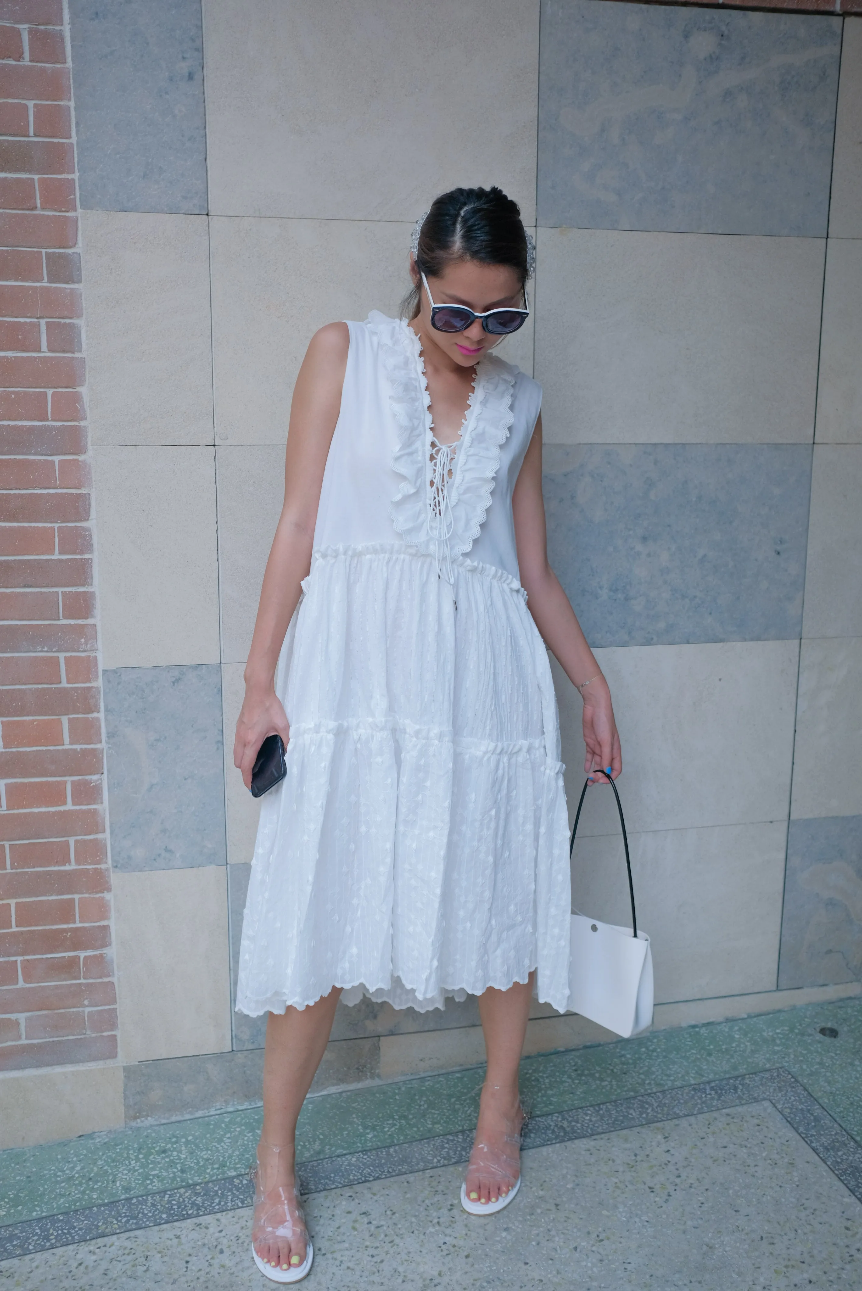 Premium White Lace Up Polka Dot Dress