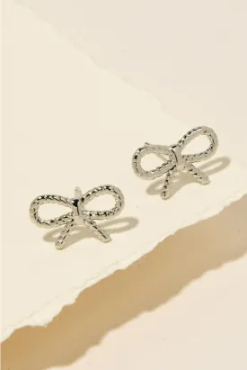 Rope Ribbon Bow Stud Earrings - Silver