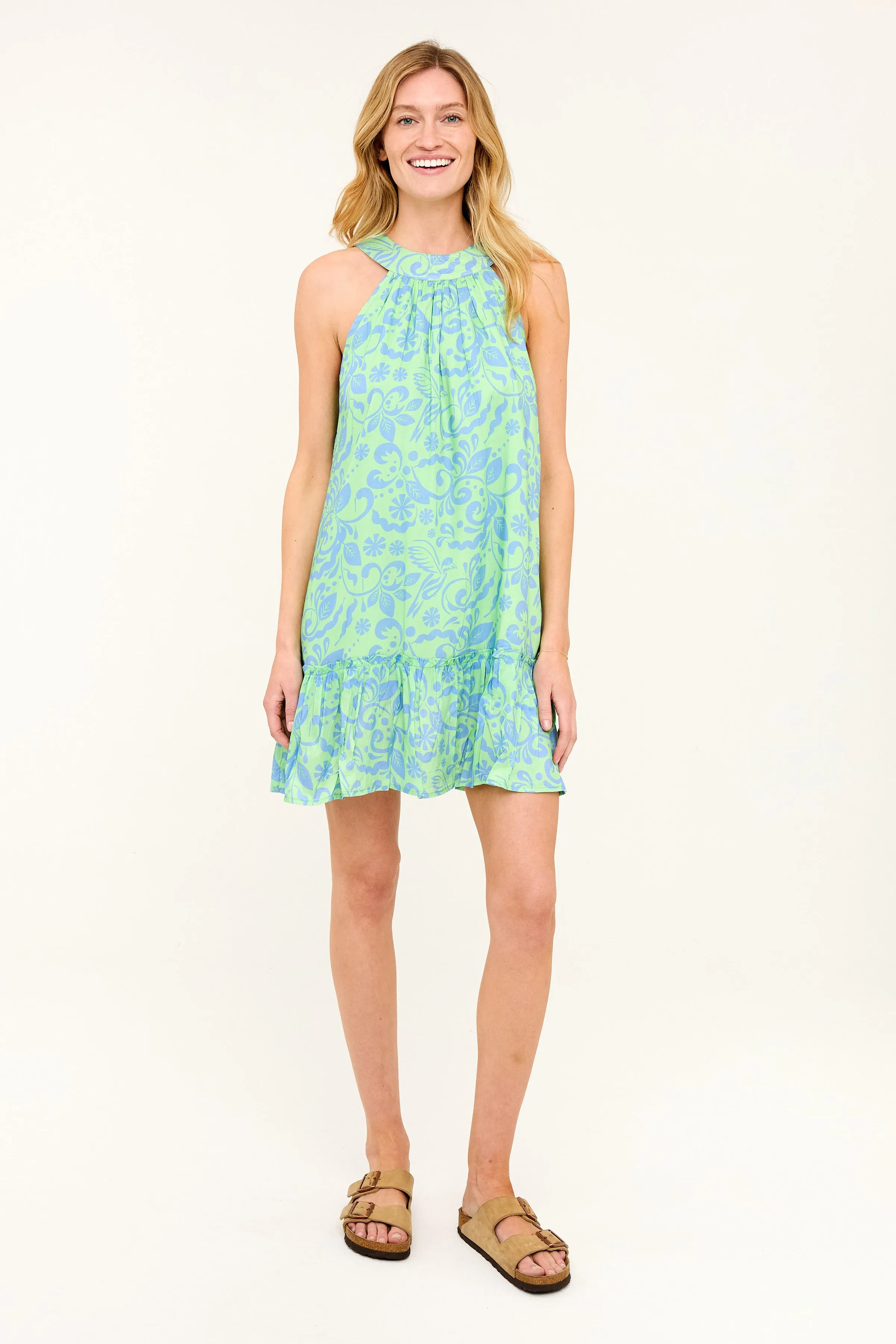 Short Sally Dress - Green Bird Print