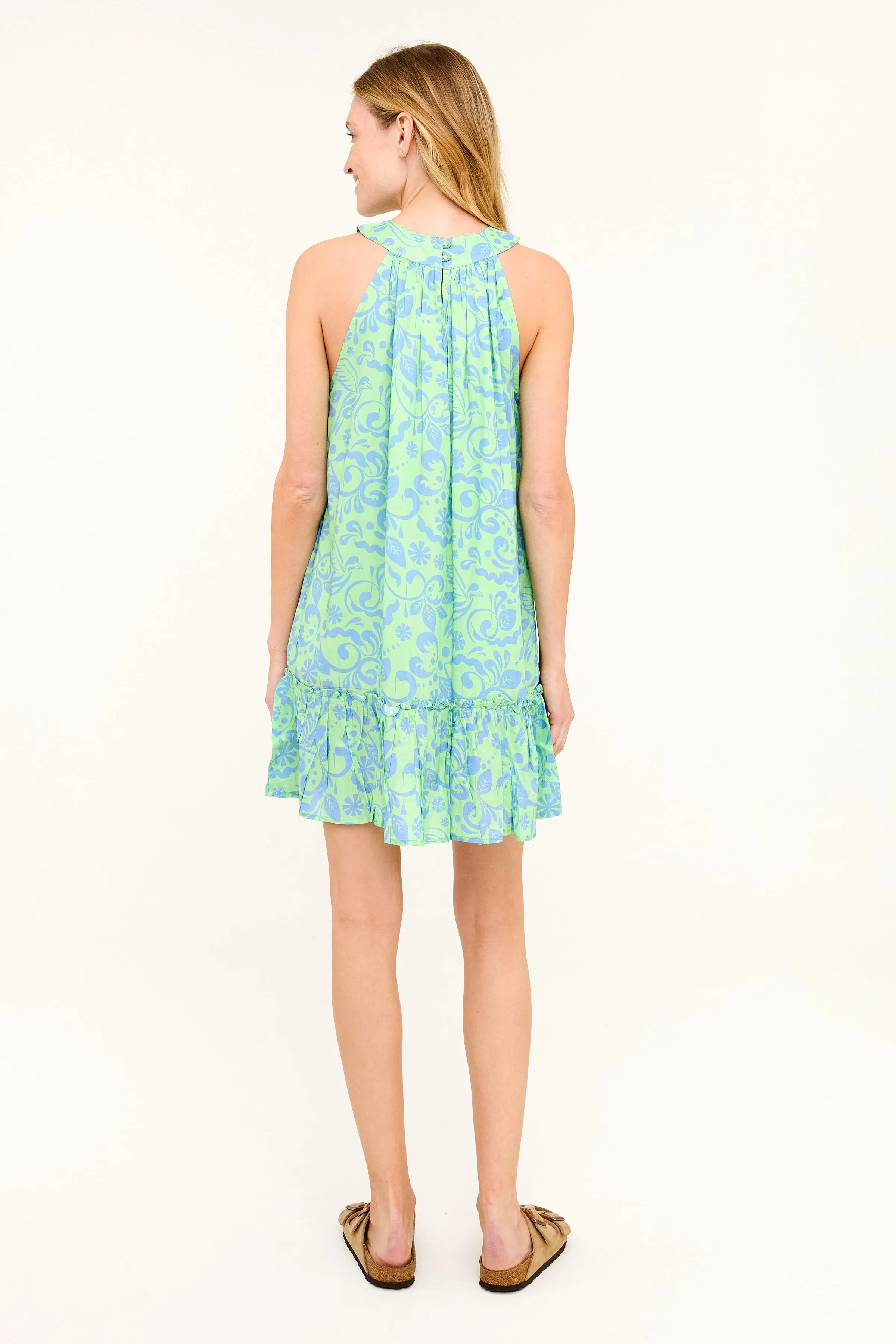 Short Sally Dress - Green Bird Print