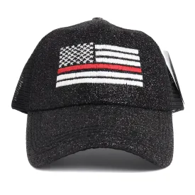 Thin Red Line American White Flag Women's Ponytail Mesh Glitter Hat