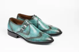 Turquoise Colored Single buckle Wingtip Monk Strap Patina Shoes Made using Crust Leather with Hand Dye Finish